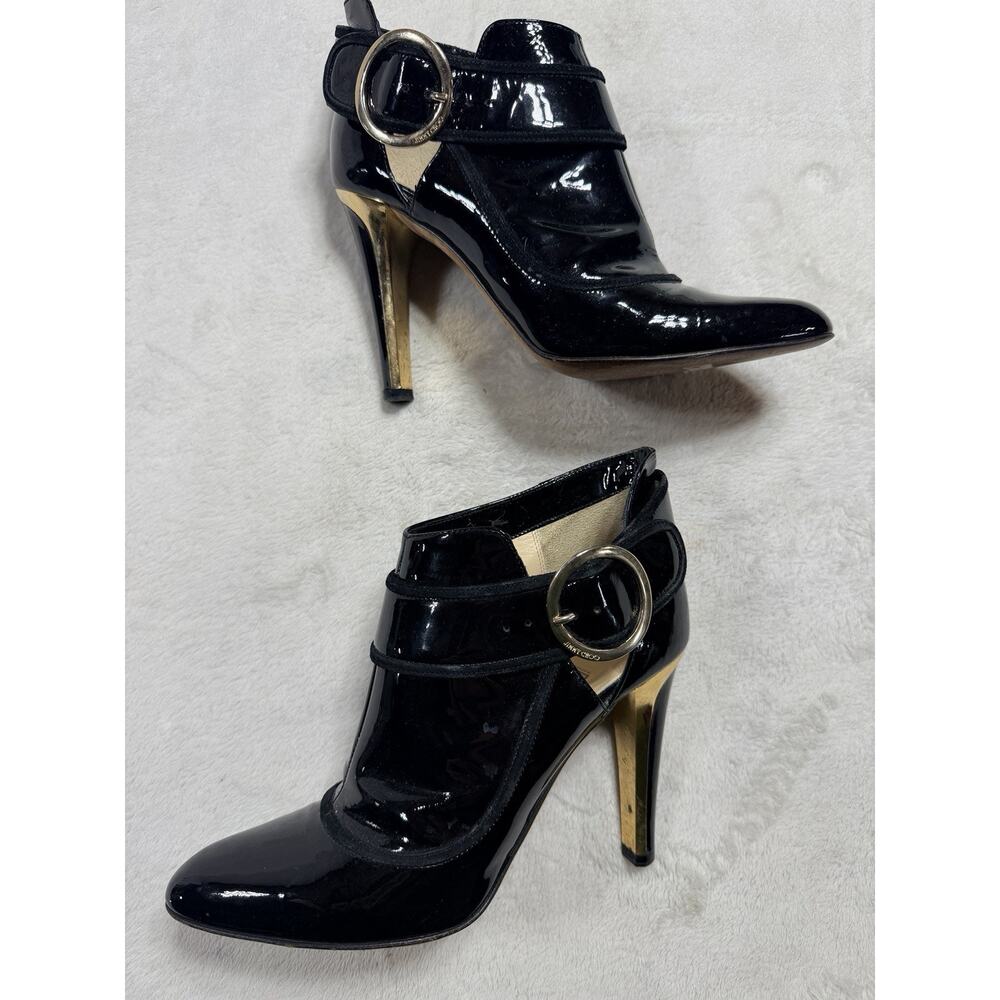 Jimmy Choo Ankle Boots 37 Black Patent Leather Cutout Gold Buckle Stiletto Italy - Picture 6 of 13